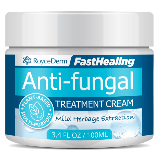 RoyceDerm FastHealing Anti-fungal Treatment Cream in a 100ml jar, plant-based and multi-purpose with mild herbage extraction, suitable for treating various skin conditions.