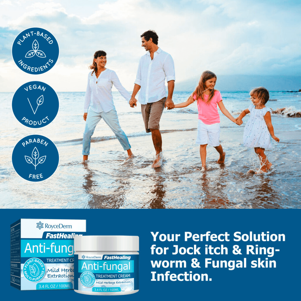 Family enjoying the beach alongside RoyceDerm FastHealing Anti-fungal Treatment Cream. The cream is plant-based, vegan, and paraben-free, offering a solution for jock itch, ringworm, and fungal skin infections.