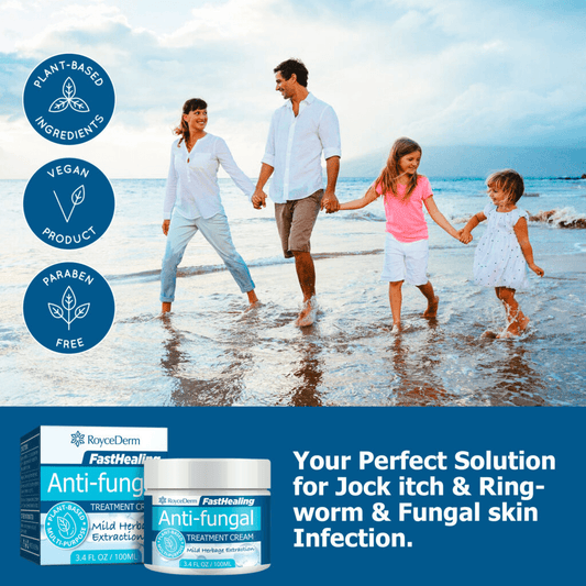 Family enjoying the beach alongside RoyceDerm FastHealing Anti-fungal Treatment Cream. The cream is plant-based, vegan, and paraben-free, offering a solution for jock itch, ringworm, and fungal skin infections.