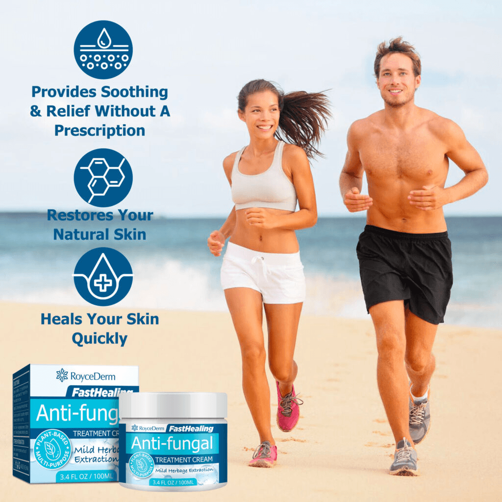 Active couple jogging on the beach, alongside RoyceDerm FastHealing Anti-fungal Treatment Cream. The product provides soothing relief without a prescription, restores natural skin, and promotes quick healing, featured in a 100ml jar with mild herbage extraction.