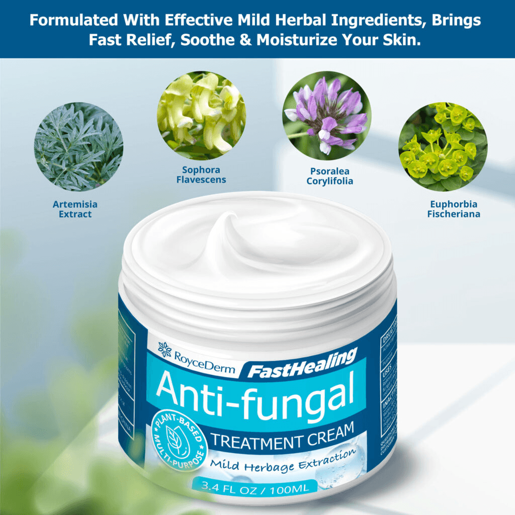 RoyceDerm FastHealing Anti-fungal Treatment Cream in an open jar, highlighting its plant-based, multi-purpose formula with mild herbage extraction. The image showcases key herbal ingredients, including Artemisia Extract, Sophora Flavescens, Psoralea Corylifolia, and Euphorbia Fischeriana, known for providing fast relief, soothing, and moisturizing the skin.
