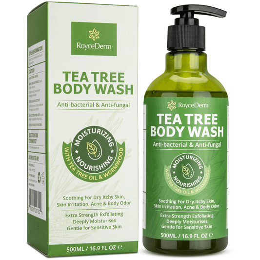 RoyceDerm Tea Tree Body Wash, a 500ml bottle with matching packaging, designed for anti-bacterial and anti-fungal use. The body wash is moisturizing and nourishing, formulated with tea tree oil and wormwood, providing relief for dry, itchy skin, irritation, acne, and body odor. Suitable for sensitive skin with extra strength exfoliating properties.