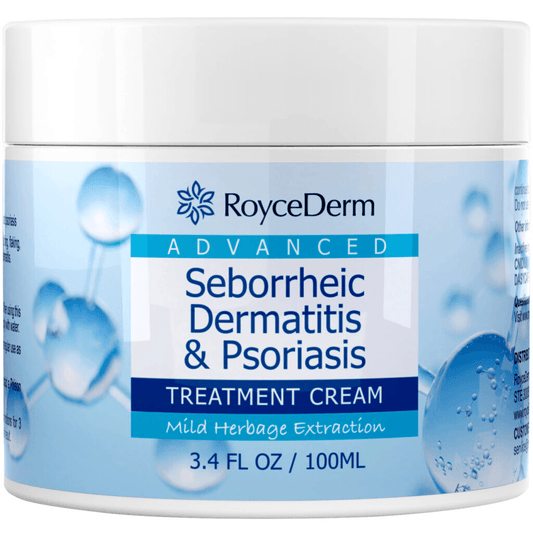 RoyceDerm Advanced Seborrheic Dermatitis & Psoriasis Treatment Cream in a 100ml jar. The product features mild herbage extraction, designed to relieve symptoms associated with seborrheic dermatitis and psoriasis.