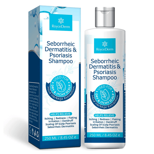 RoyceDerm Seborrheic Dermatitis & Psoriasis Shampoo in a 250ml bottle with matching packaging. The shampoo is designed to relieve itching, redness, flaking, irritation, dandruff, and scaling caused by scalp psoriasis and seborrheic dermatitis. It features mild herbage extraction, ideal for dry and itchy scalp.