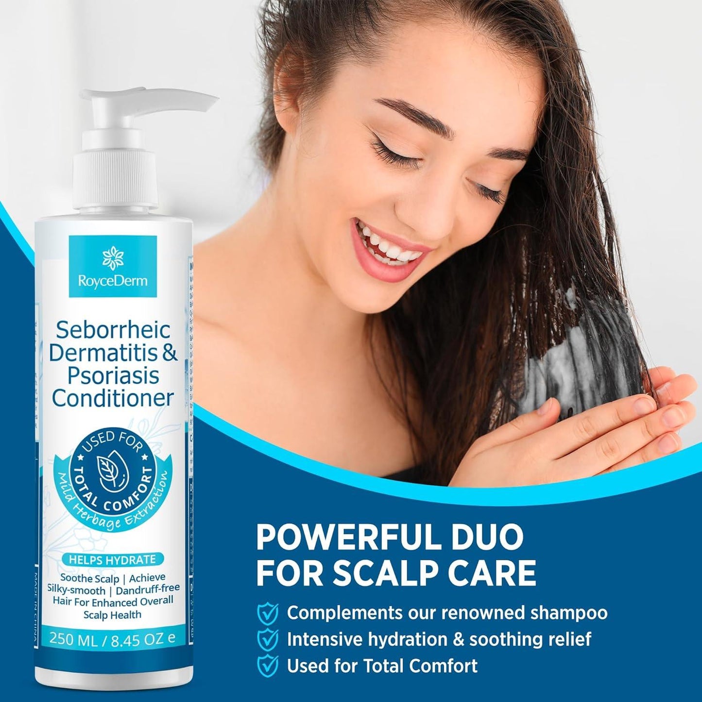 RoyceDerm Seborrheic Dermatitis & Psoriasis Conditioner (250 ml) shown alongside a smiling woman applying conditioner to her hair. This conditioner helps hydrate and soothe the scalp, providing silky-smooth, dandruff-free hair for enhanced overall scalp health. Complements the Seborrheic Dermatitis & Psoriasis Shampoo for a complete scalp care routine.