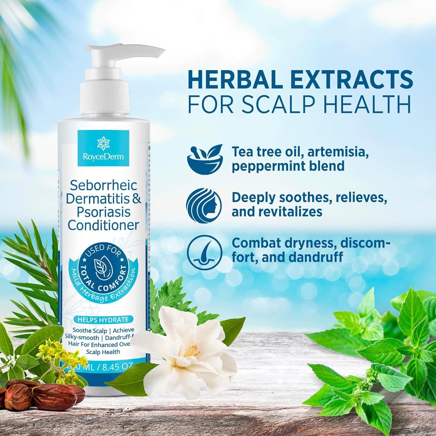 RoyceDerm Seborrheic Dermatitis & Psoriasis Conditioner (250 ml) featuring benefits of herbal extracts for scalp health, including tea tree oil, artemisia, and peppermint blend. Highlights the product’s ability to deeply soothe, relieve, and revitalize the scalp, while combating dryness, discomfort, and dandruff. Natural surroundings of plants and ocean background emphasize the product’s natural ingredients.