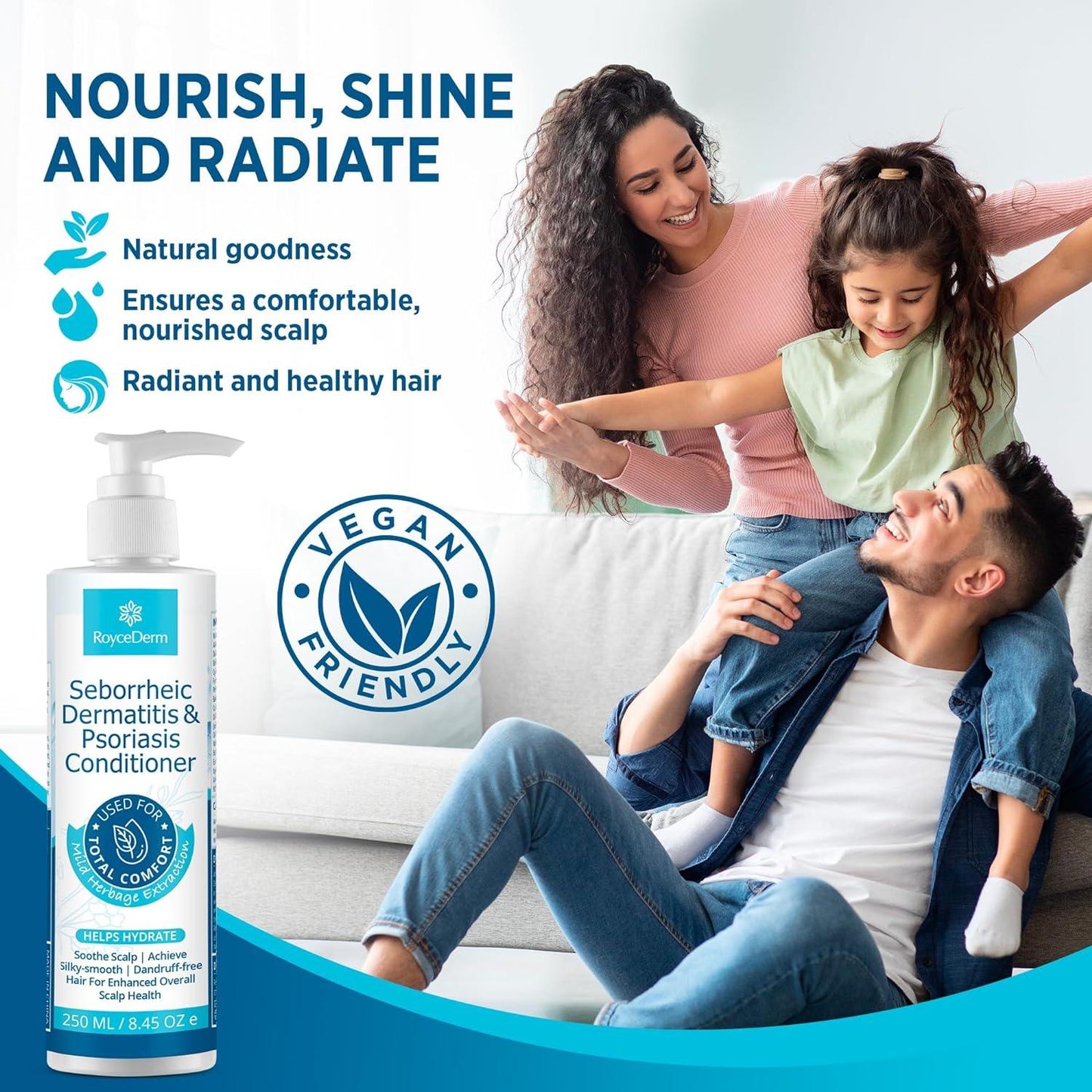 RoyceDerm Seborrheic Dermatitis & Psoriasis Conditioner (250 ml) promoting nourishment, shine, and radiance for a healthy scalp and hair. Features a vegan-friendly formula providing natural goodness, ensuring a nourished scalp and radiant hair. The image shows a happy family, with a child sitting on the father’s lap, demonstrating the product’s safe and comfortable care.