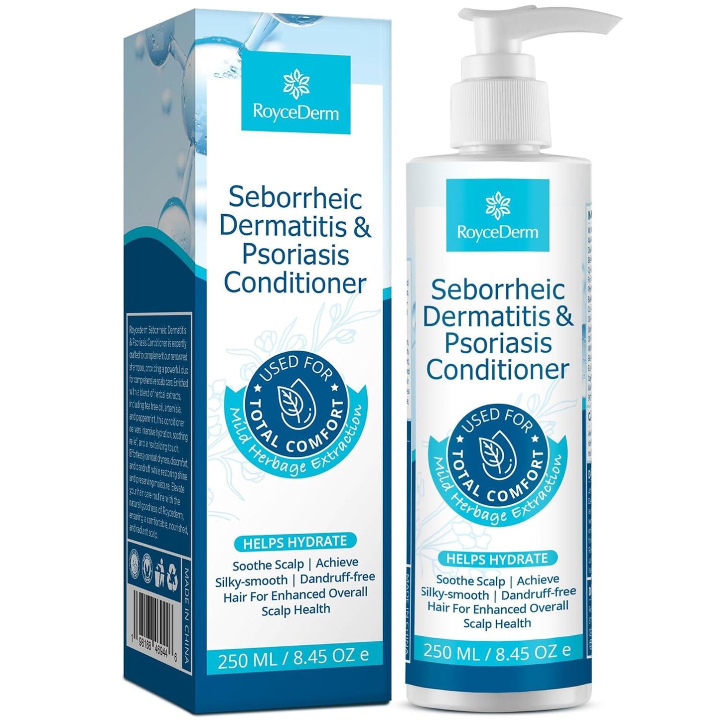 RoyceDerm Seborrheic Dermatitis & Psoriasis Conditioner (250 ml) with box packaging. The conditioner is designed to hydrate and soothe the scalp, achieving silky-smooth and dandruff-free hair while enhancing overall scalp health. It is specially formulated for maximum comfort using mild herbage extraction.