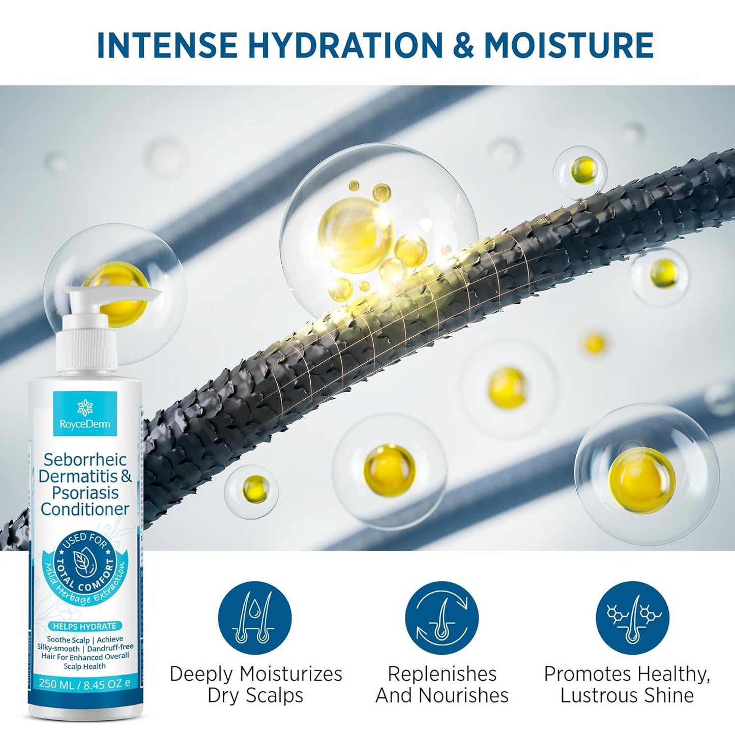 RoyceDerm Seborrheic Dermatitis & Psoriasis Conditioner (250 ml) product shown next to a hair fiber image, emphasizing intense hydration and moisture. The conditioner deeply moisturizes dry scalps, replenishes and nourishes hair, and promotes healthy, lustrous shine.