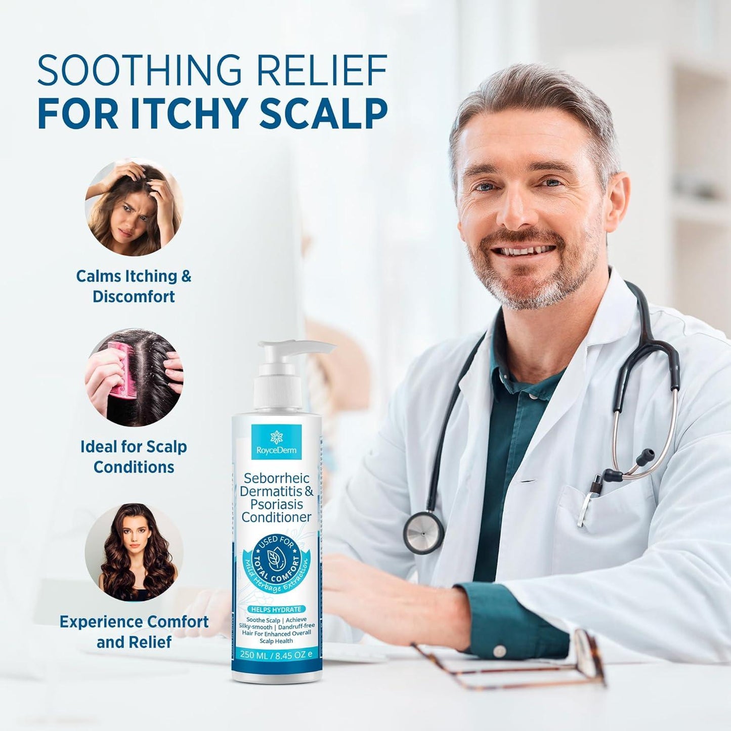 RoyceDerm Seborrheic Dermatitis & Psoriasis Conditioner (250 ml) promoting soothing relief for itchy scalp, ideal for scalp conditions. The product helps calm itching and discomfort while providing comfort and relief. The image features a doctor smiling, representing the product’s dermatologically recommended formula.