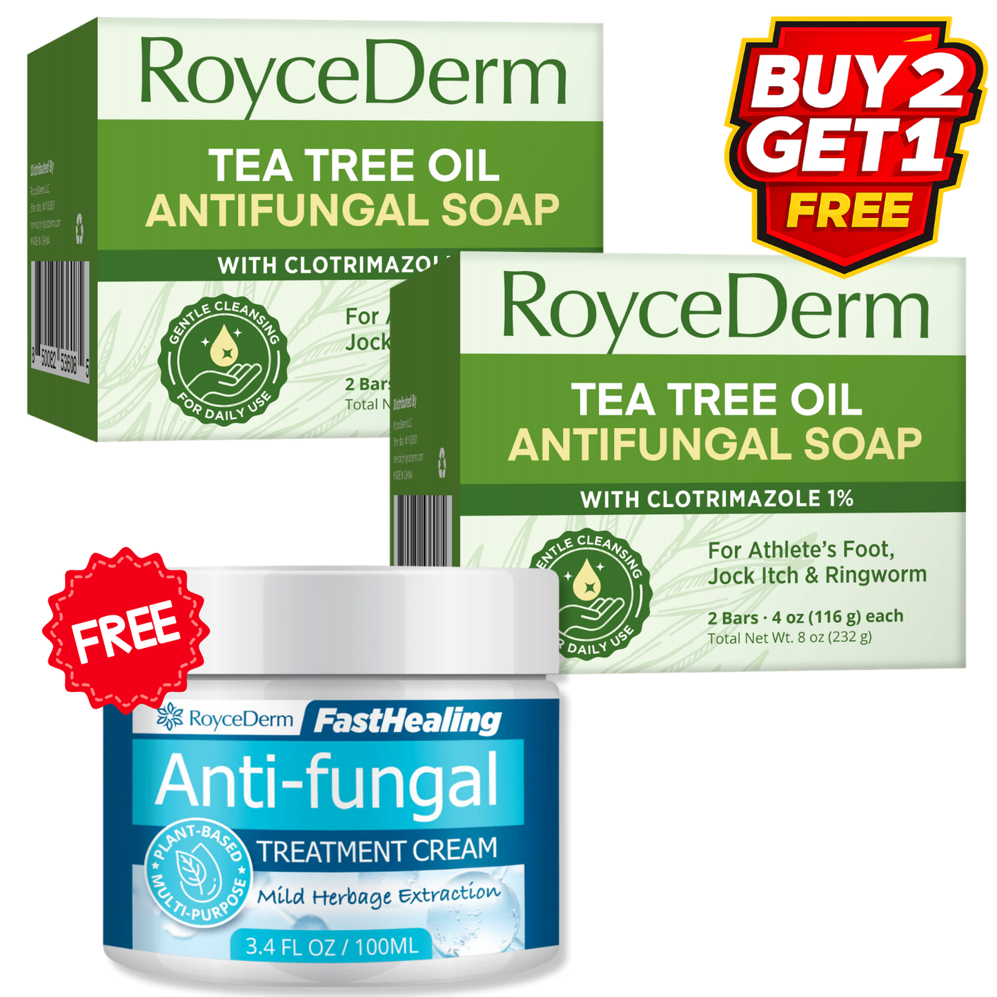 RoyceDerm antifungal soap box with tea tree oil, buy 2 get 1 free promotion