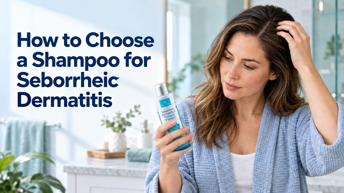 Woman choosing a shampoo for a flaky, seborrheic dermatitis-prone scalp