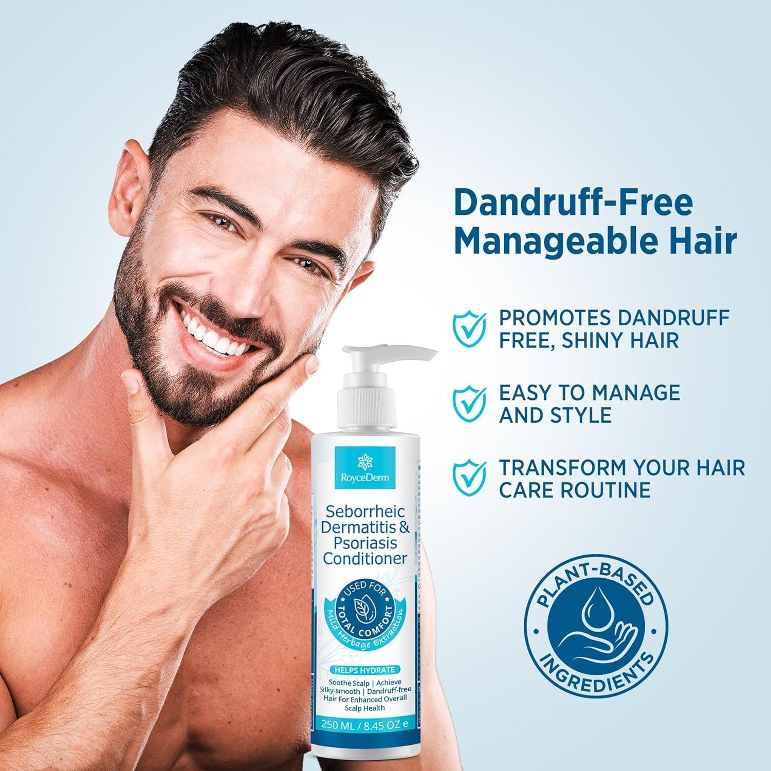 RoyceDerm Seborrheic Dermatitis & Psoriasis Conditioner (250 ml) featured with a smiling man, highlighting benefits such as promoting dandruff-free, shiny hair, easy manageability, and transforming hair care routine. The product contains plant-based ingredients.