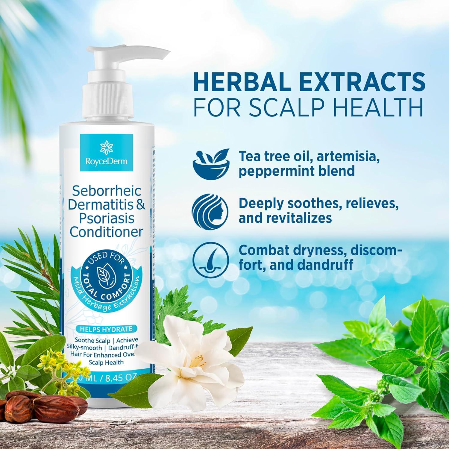 RoyceDerm Seborrheic Dermatitis & Psoriasis Conditioner (250 ml) featuring benefits of herbal extracts for scalp health, including tea tree oil, artemisia, and peppermint blend. Highlights the product’s ability to deeply soothe, relieve, and revitalize the scalp, while combating dryness, discomfort, and dandruff. Natural surroundings of plants and ocean background emphasize the product’s natural ingredients.