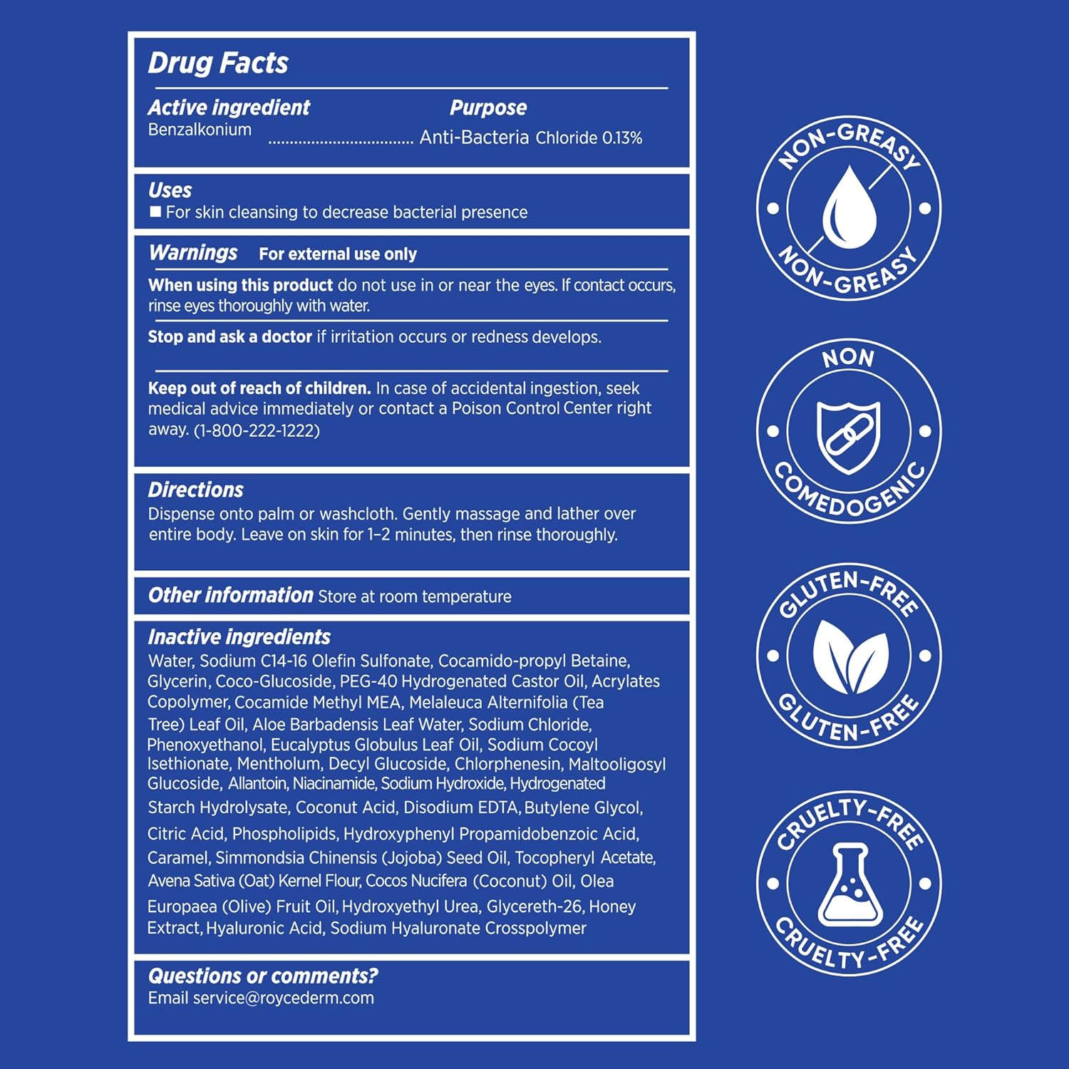 Product label with drug facts and icons for antibacterial, non-greasy, gluten-free, cruelty-free