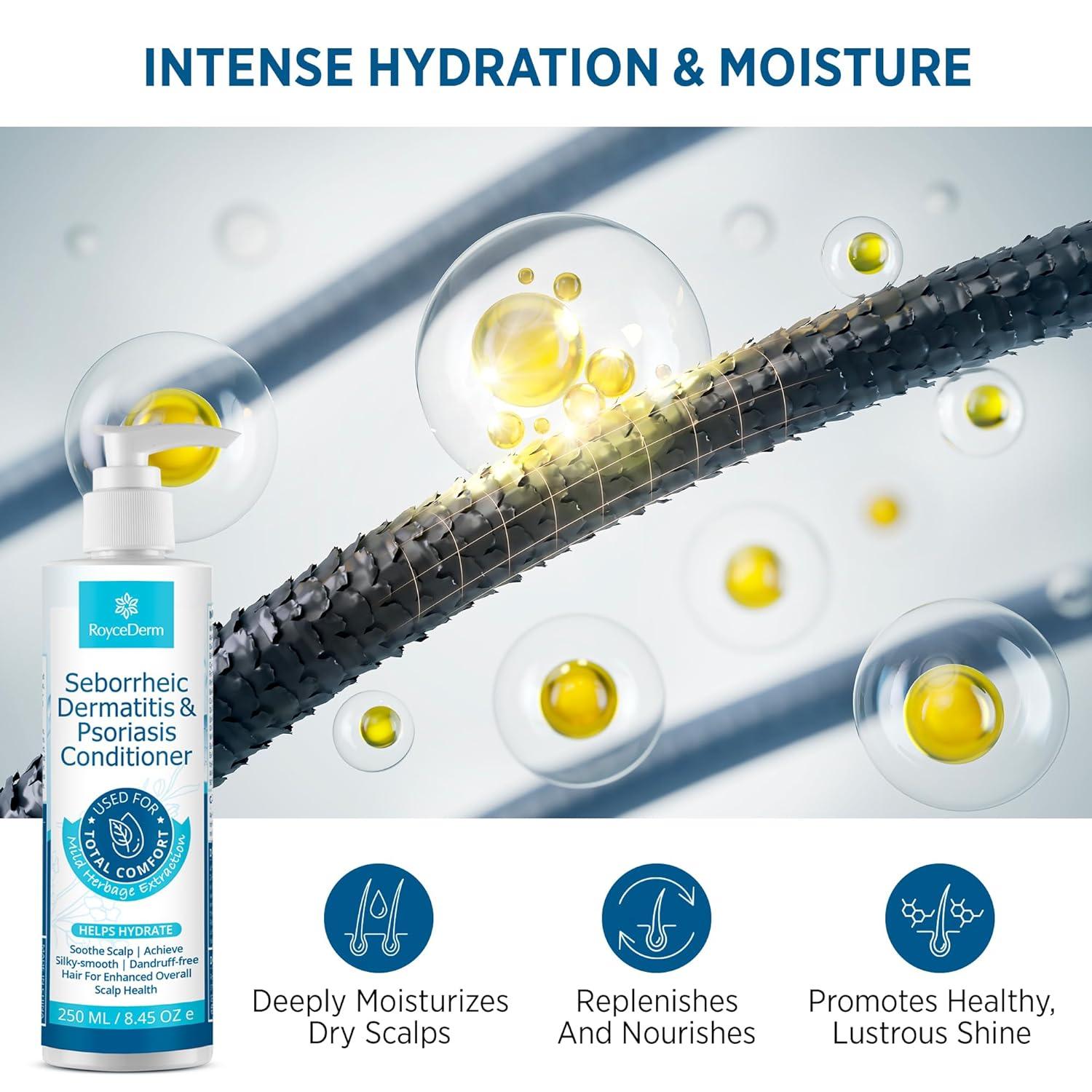 RoyceDerm Seborrheic Dermatitis & Psoriasis Conditioner (250 ml) product shown next to a hair fiber image, emphasizing intense hydration and moisture. The conditioner deeply moisturizes dry scalps, replenishes and nourishes hair, and promotes healthy, lustrous shine.