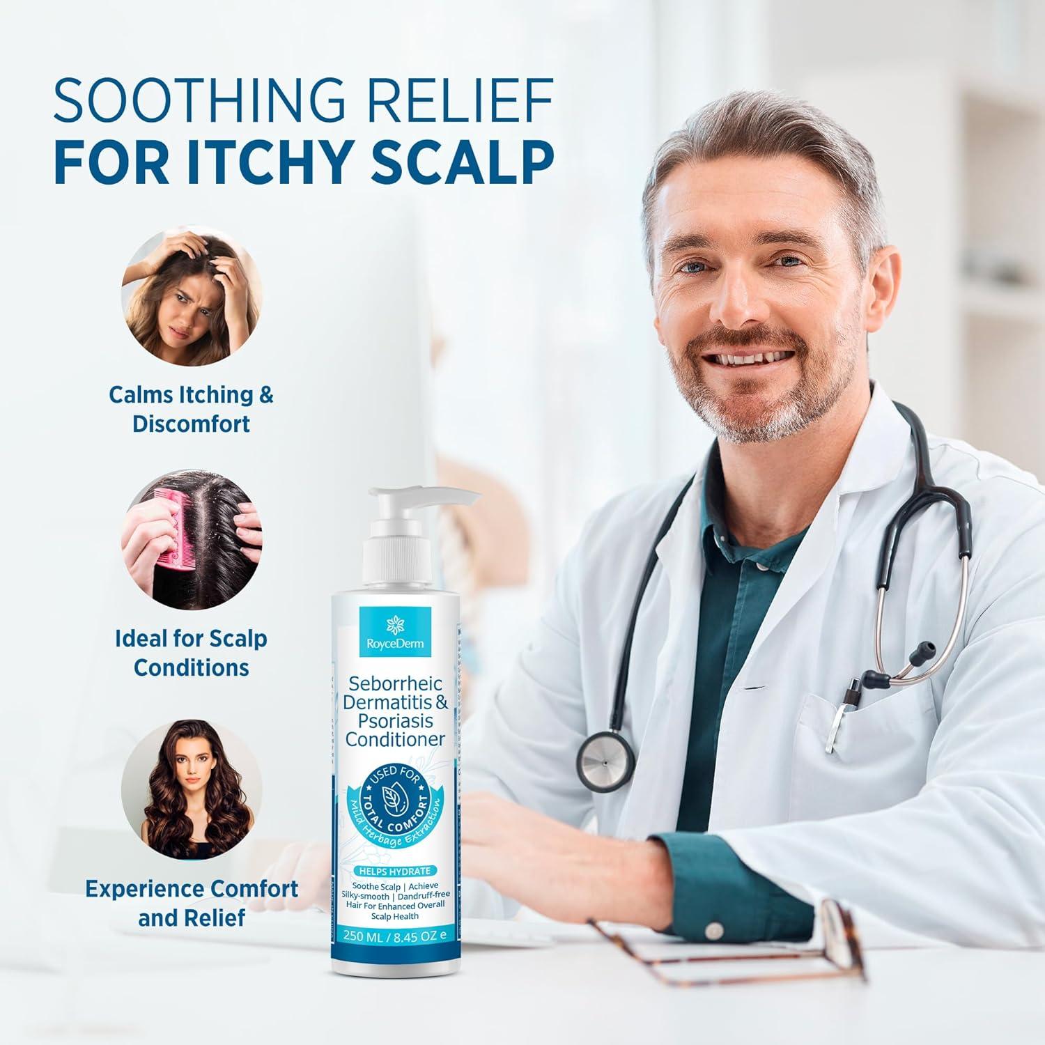 RoyceDerm Seborrheic Dermatitis & Psoriasis Conditioner (250 ml) promoting soothing relief for itchy scalp, ideal for scalp conditions. The product helps calm itching and discomfort while providing comfort and relief. The image features a doctor smiling, representing the product’s dermatologically recommended formula.