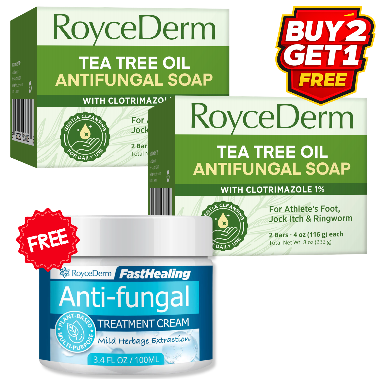 RoyceDerm antifungal soap box with tea tree oil, buy 2 get 1 free promotion