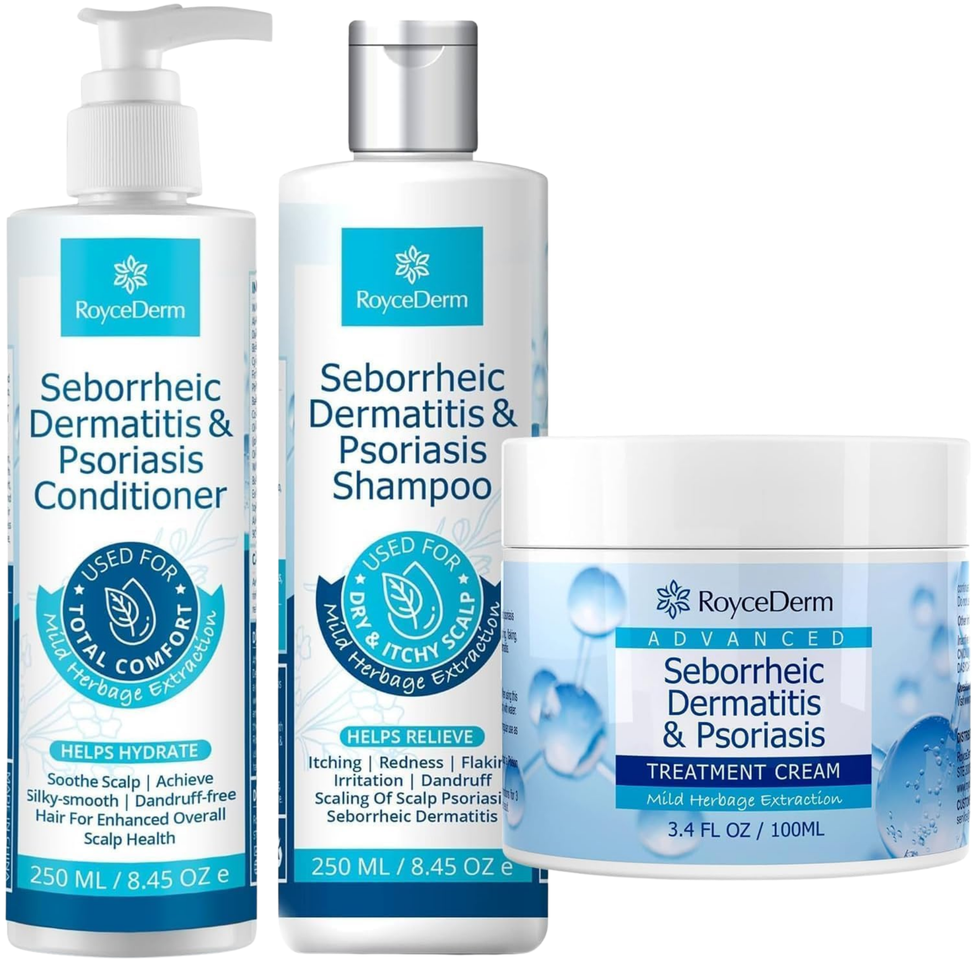 RoyceDerm Seborrheic Dermatitis & Psoriasis 3-Step Therapy Set, Hair Care Set with shampoo, conditioner and cream