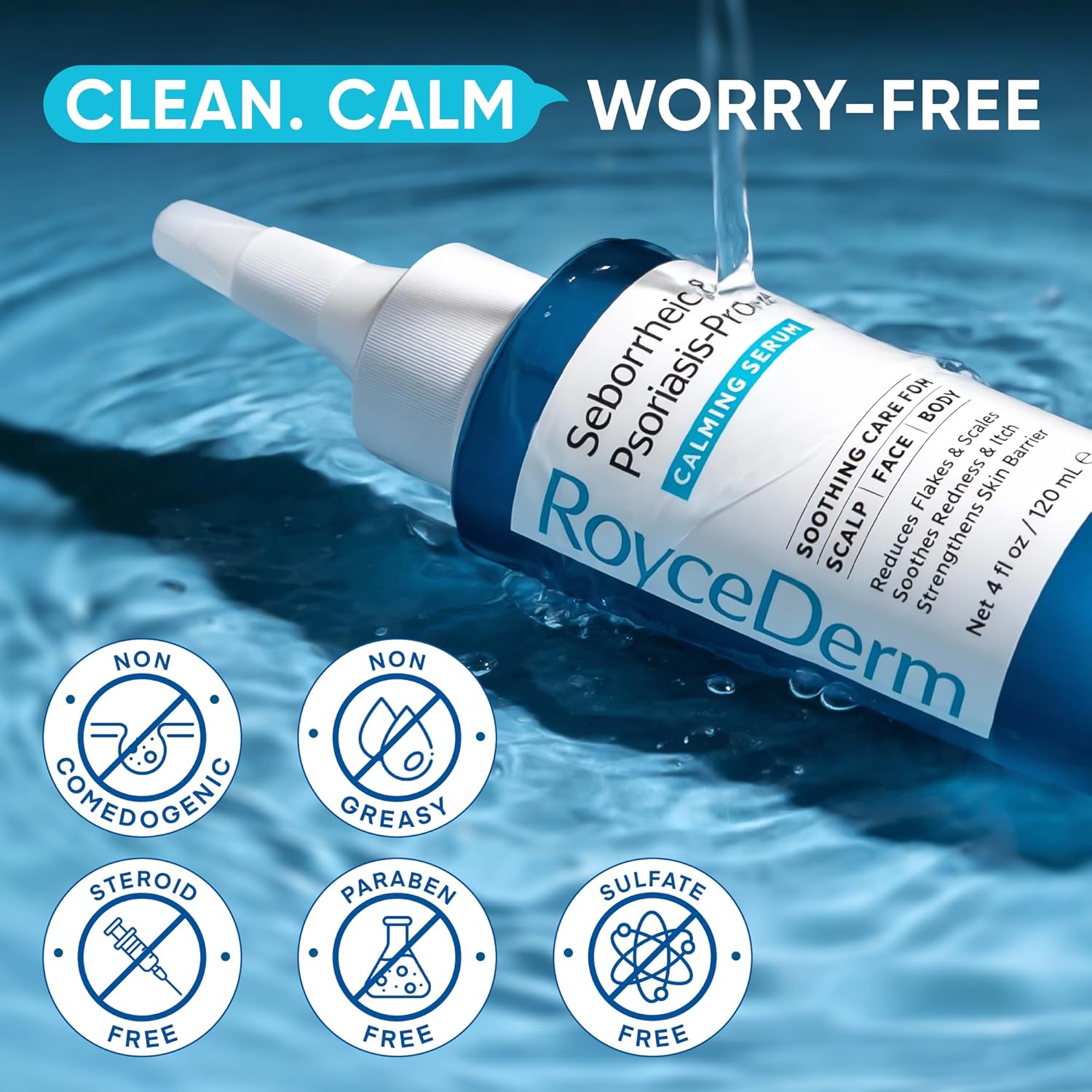 Roycederm Seborrheic & Psoriasis Calming Serum is non-comedogenic, non-greasy, and free from steroids, parabens, and sulfates for clean skincare.