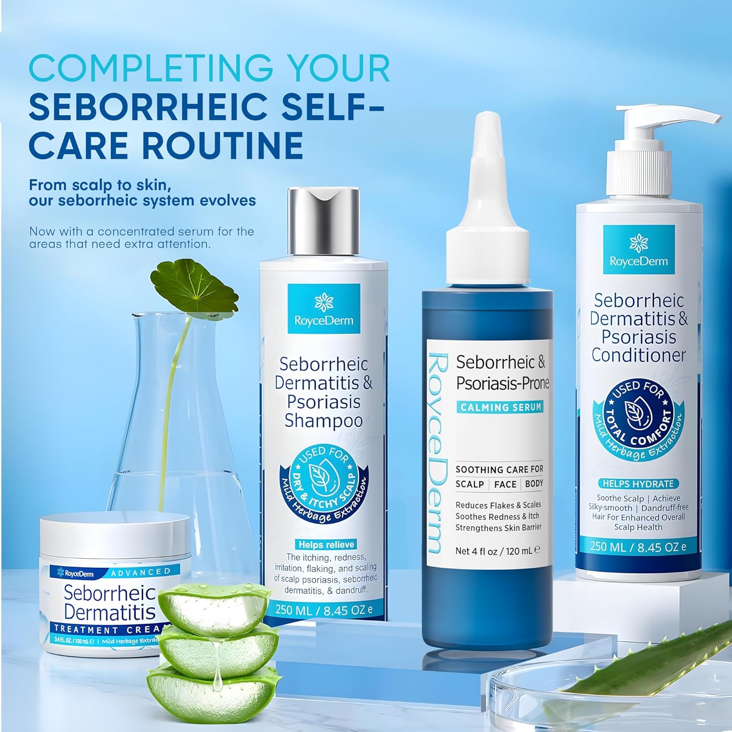 Roycederm Seborrheic self-care routine includes shampoo, conditioner, and calming serum for complete scalp and skin treatment system.