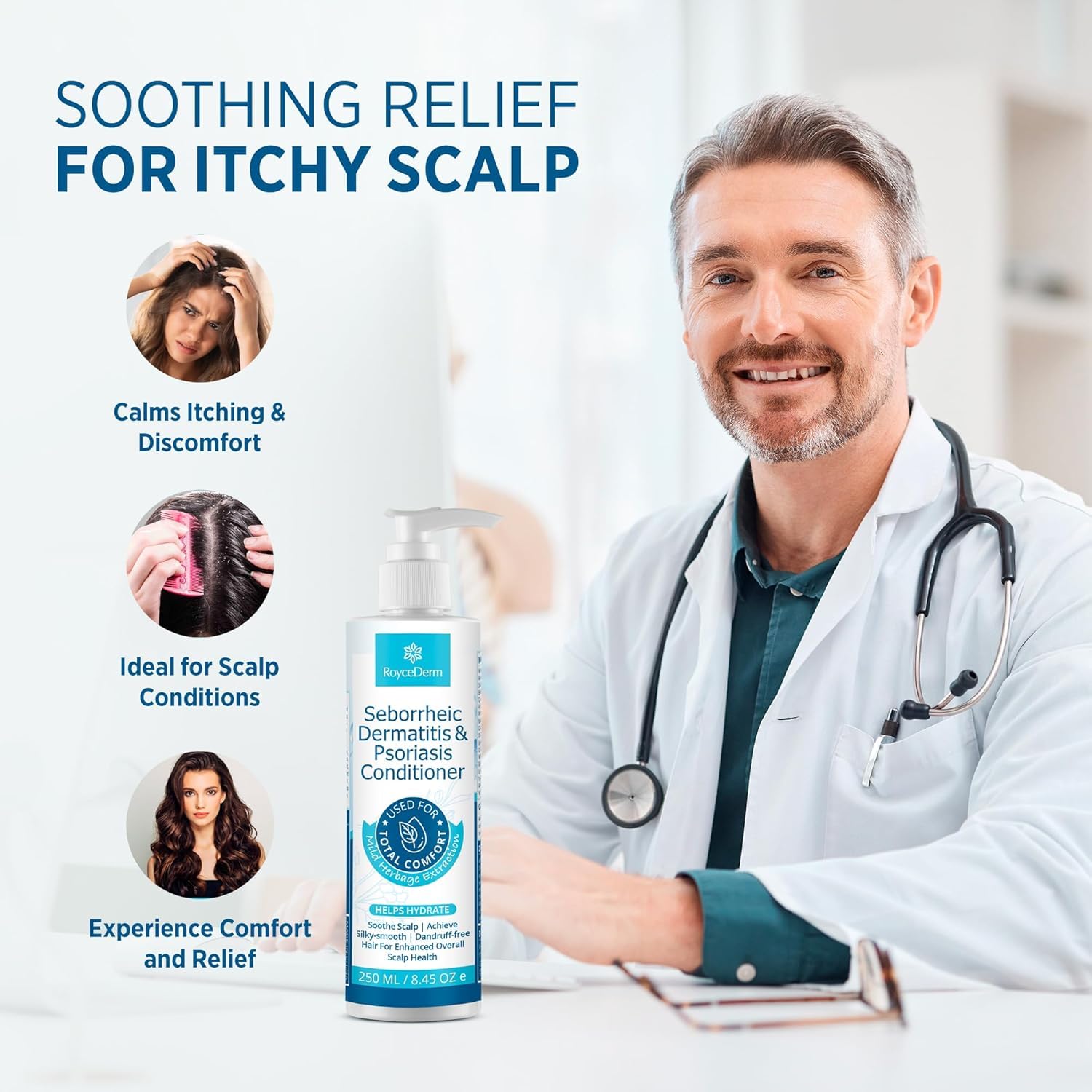 Roycederm Seborrheic Dermatitis & Psoriasis Conditioner offers soothing relief for itchy scalp, ideal for calming itching, redness, and flaking.