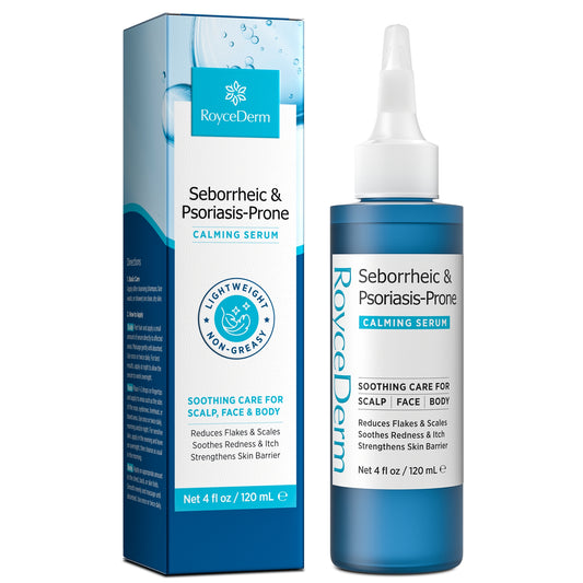 Roycederm Seborrheic & Psoriasis Calming Serum 4 fl oz with box packaging, designed for soothing scalp and skin irritation and flakes.