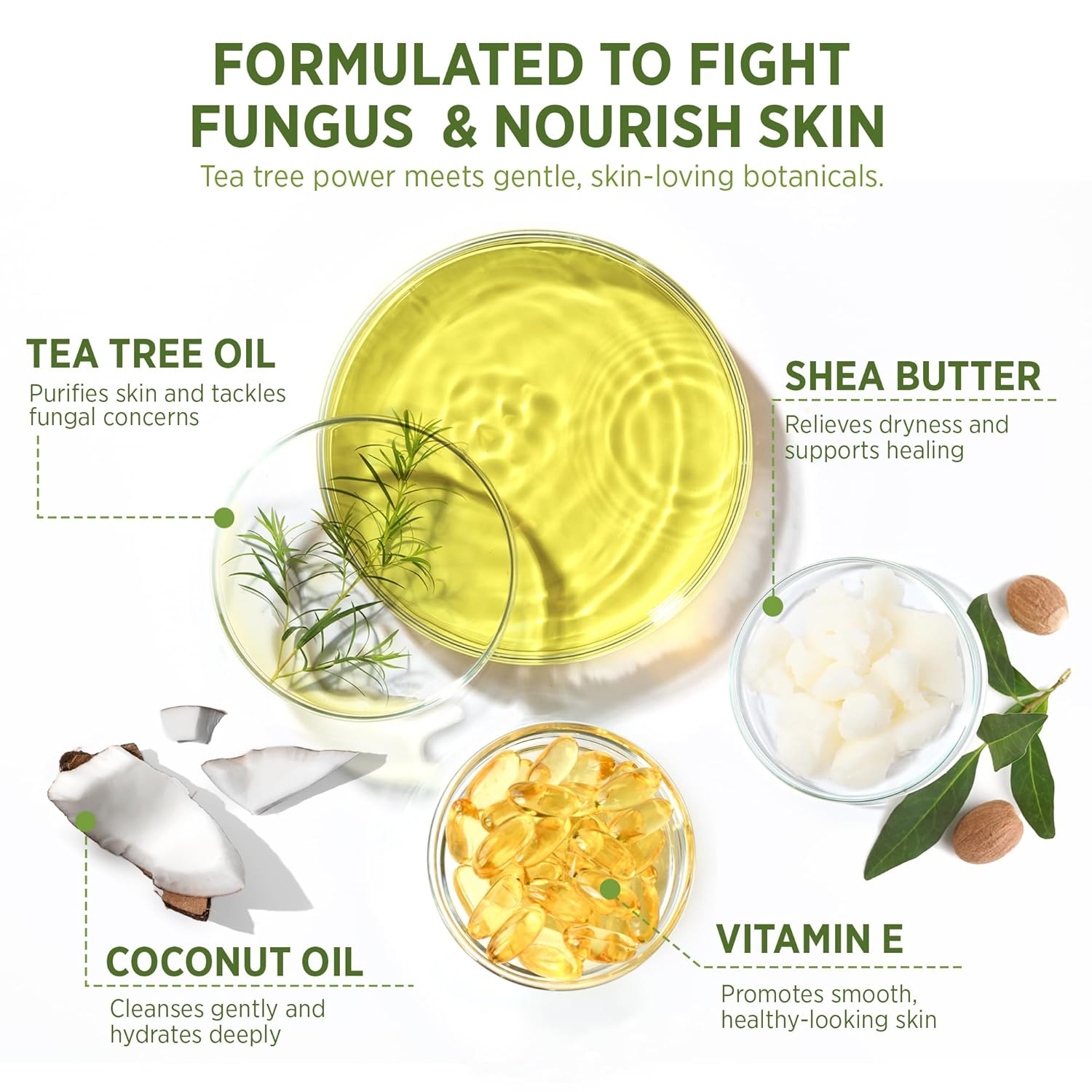 Infographic on foot care ingredients with tea tree oil, shea butter, coconut oil, vitamin E