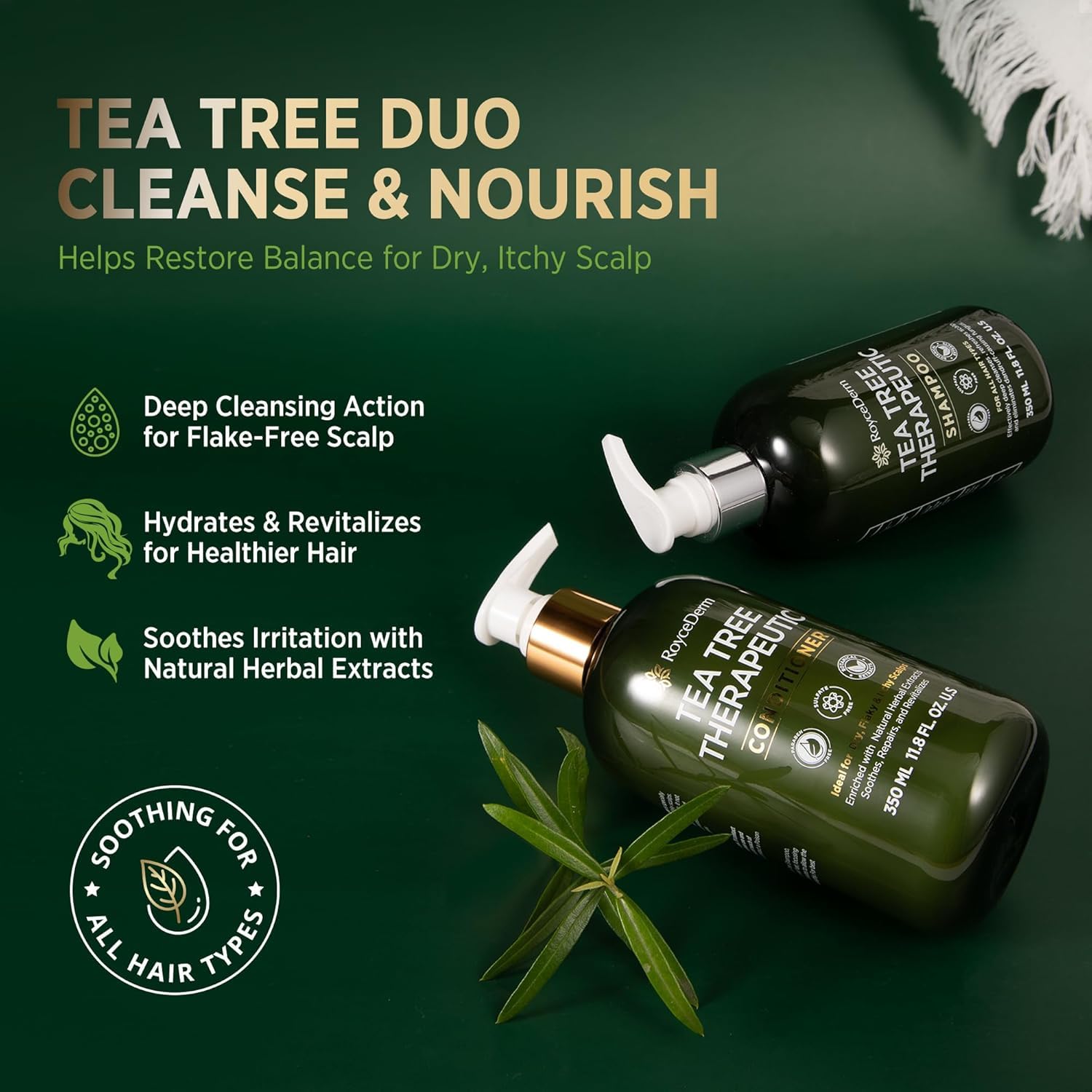 Tea Tree Duo for scalp care with bottles and herbal background