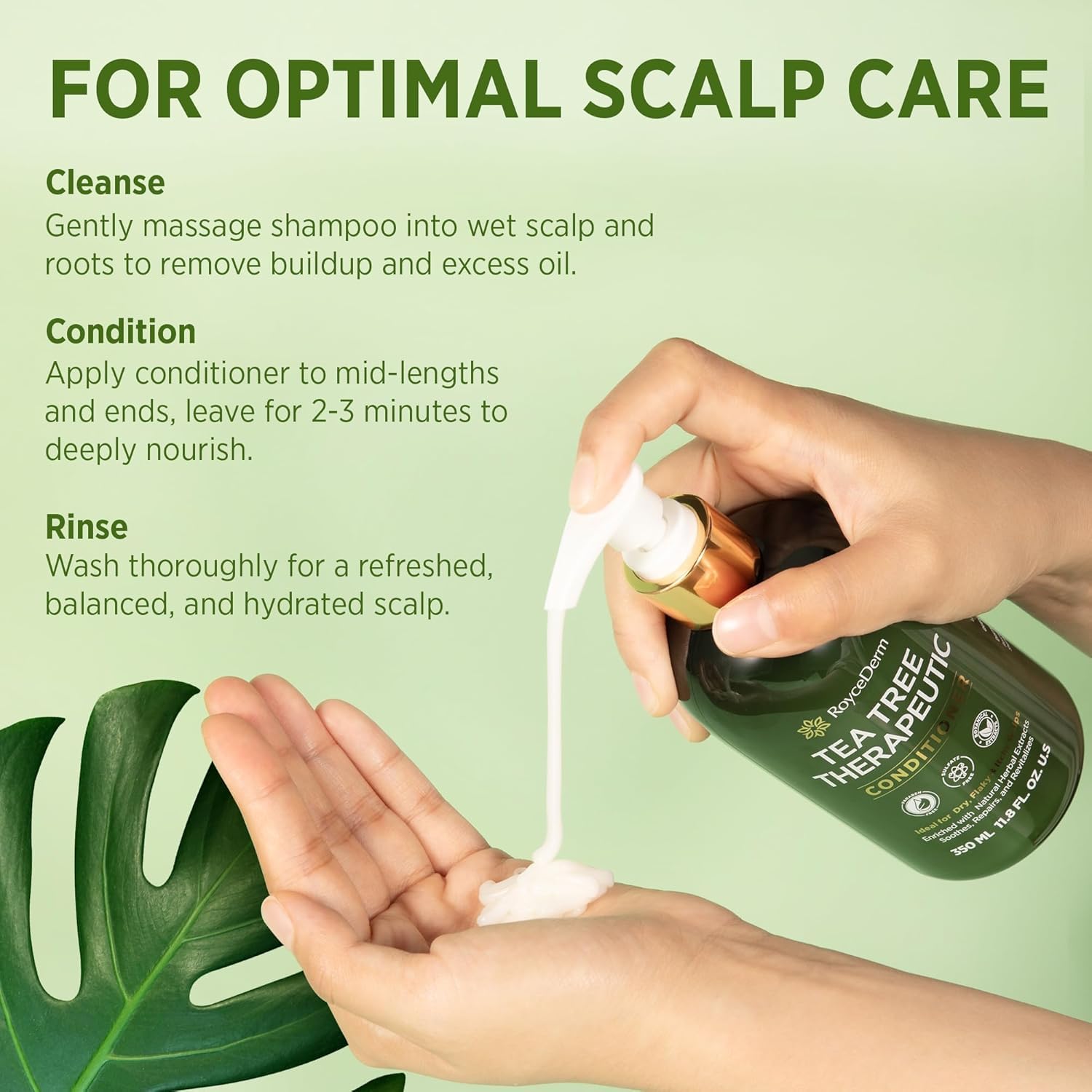 Woman applying shampoo with tea tree products in a bathroom setting