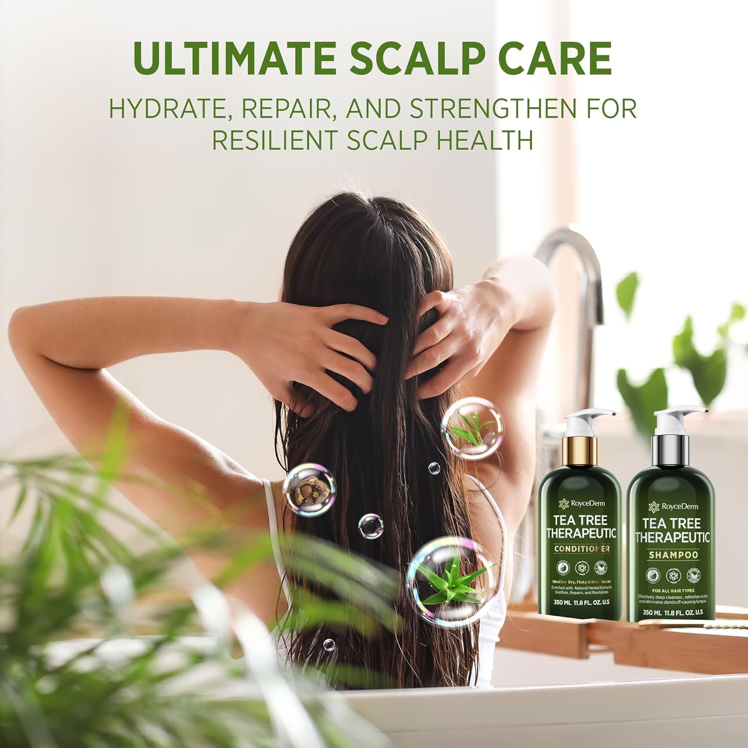 Hair care routine with tea tree shampoo and conditioner bottles